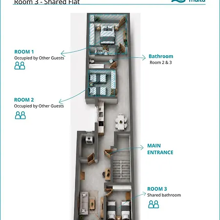 F4 3, Private Two Single Beds Shared Bathroom * 姆西达